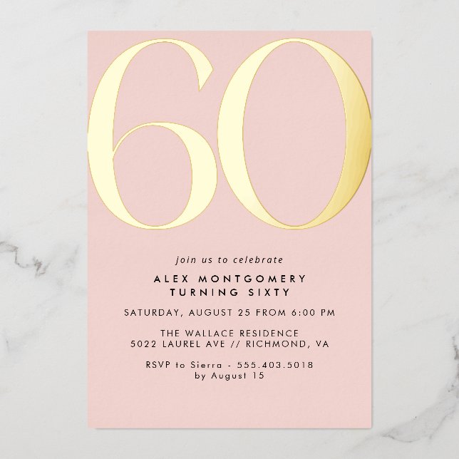 Invitación Con Relieve Metalizado Rosa | 60 Aniversario de la mujer de Glam Moderno (Anverso)