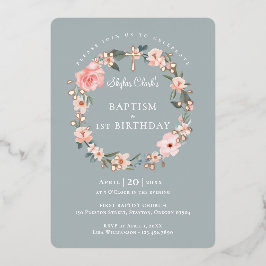 Invitación Con Relieve Metalizado Rosa acuarela Floral Baptismo de flor Primer cumpl