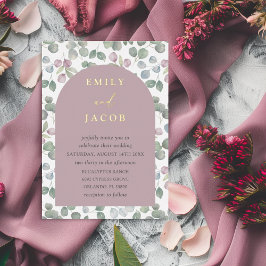 Invitación Con Relieve Metalizado Rosa agitado y Boda de eucalipto de oro