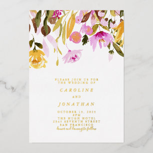 Invitación Con Relieve Metalizado Rosa Amarillo Floral Boda Verano Oro