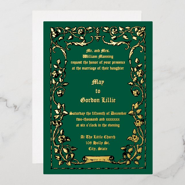 Invitación Con Relieve Metalizado Rosa Art Nouveau Desplazar Boda de borde floral (Anverso/Reverso)
