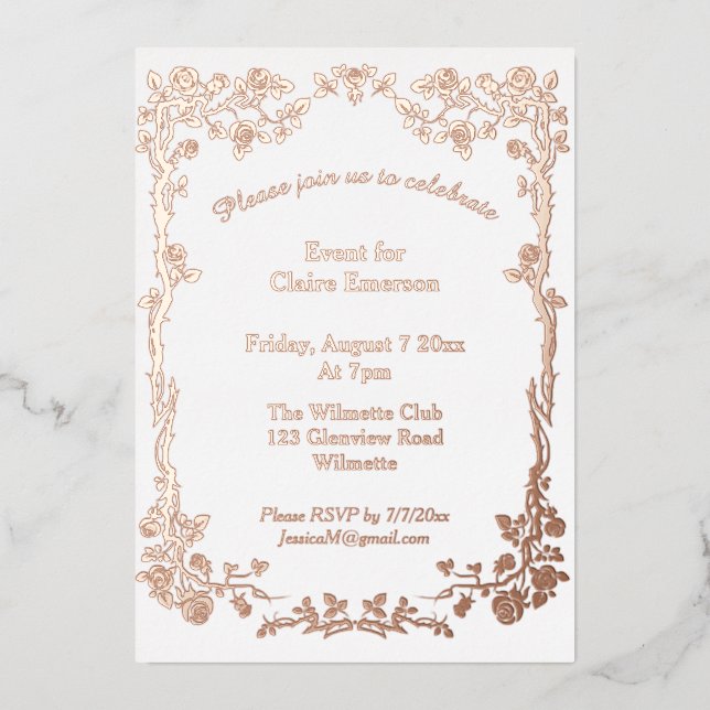 Invitación Con Relieve Metalizado Rosa art nouveau dorado (Anverso)