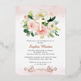 Invitación Con Relieve Metalizado Rosa Baptismo Rosa Chica Floral Cruz de Oro