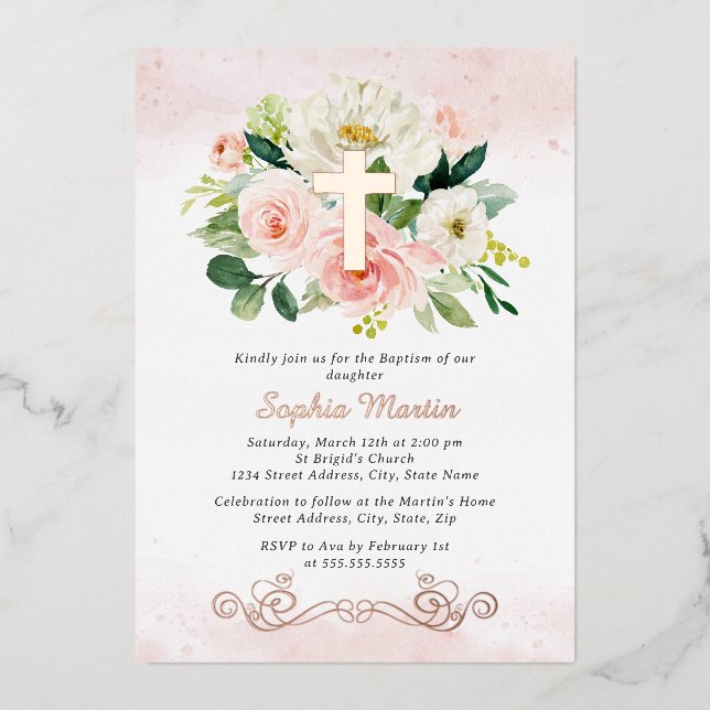 Invitación Con Relieve Metalizado Rosa Baptismo Rosa Chica Floral Cruz de Oro (Anverso)
