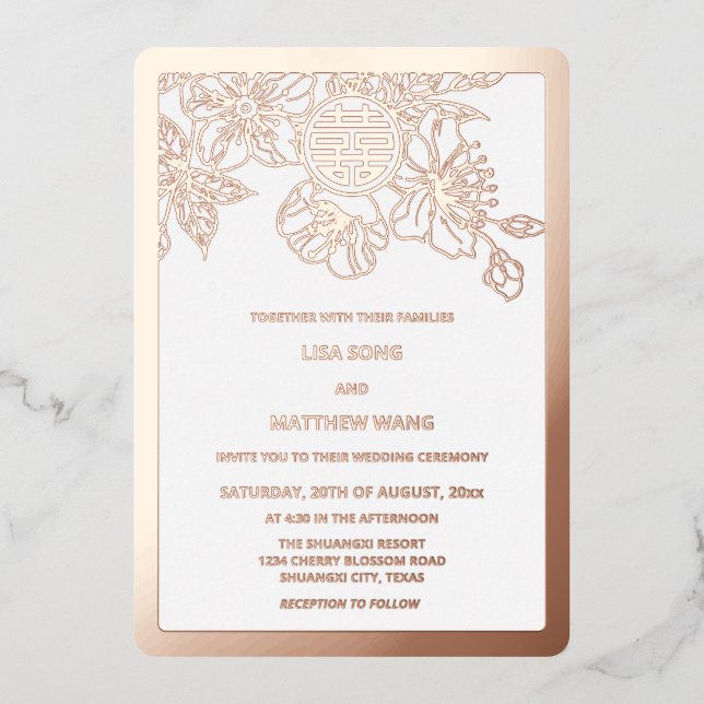 Invitación Con Relieve Metalizado ROSA BILINGÜE Oro Florecimiento de cerezo Boda chi (Anverso)