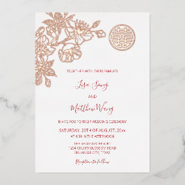Invitación Con Relieve Metalizado ROSA BILINGÜE Oro Florecimiento de cerezo Boda chi