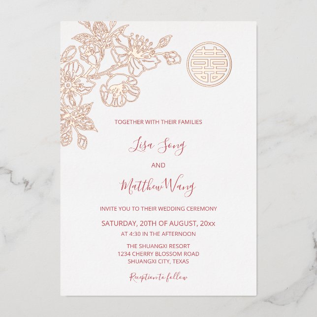 Invitación Con Relieve Metalizado ROSA BILINGÜE Oro Florecimiento de cerezo Boda chi (Anverso)