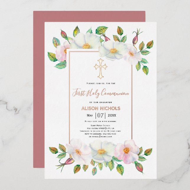 Invitación Con Relieve Metalizado Rosa blanco chica floral Primer oro rosa sagrado (Anverso/Reverso)