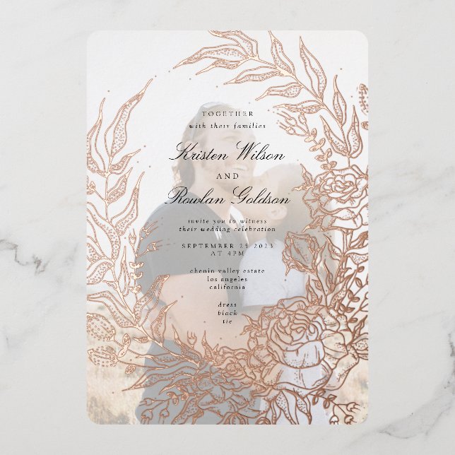Invitación Con Relieve Metalizado Rosa Boda de fotografía Wreath Emerald (Anverso)