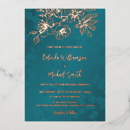 Invitación Con Relieve Metalizado Rosa Boda floral Verde azulado de oro