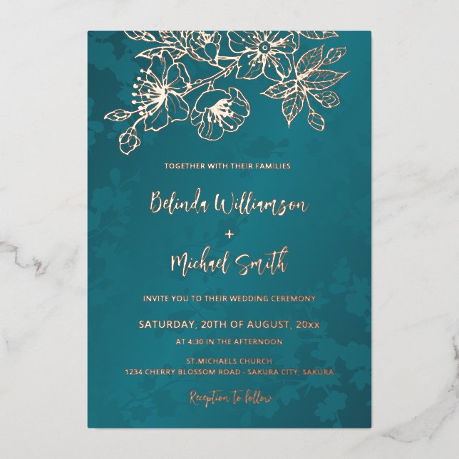 Invitación Con Relieve Metalizado Rosa Boda floral Verde azulado de oro (Anverso)