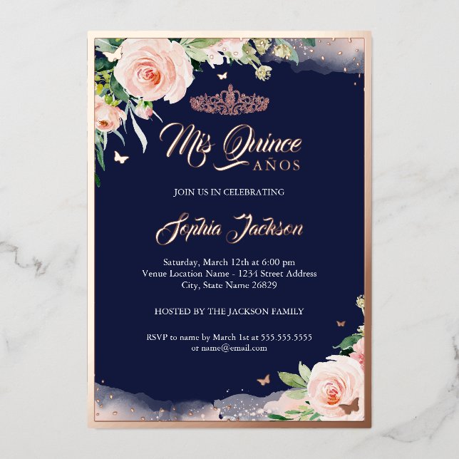 Invitación Con Relieve Metalizado Rosa Bodega Floral Quinceanera Cumpleaños (Anverso)