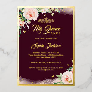 Invitación Con Relieve Metalizado Rosa Borgoña Floral Quinceañera Cumpleaños  Hoja