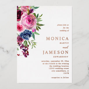 Invitación Con Relieve Metalizado Rosa Brillante y Azul Marino Floral Boda 3