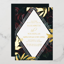 Invitación Con Relieve Metalizado Rosa Burgundy Terciopelo Oscuro | Boda de Otoño In