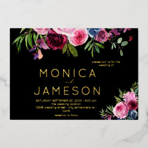 Invitación Con Relieve Metalizado Rosa Caliente y Azul Marino Floral Boda Negra