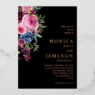 Invitación Con Relieve Metalizado Rosa Caliente y Flor de Boda Azul Naval 3 Negro