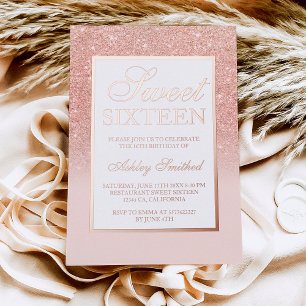 Invitación Con Relieve Metalizado Rosa chic dorado brillo brillos ombre Dulces 16