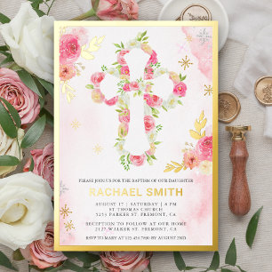 Invitación Con Relieve Metalizado Rosa Claro Acuarela Floral Bautizo Dorado