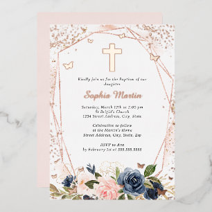 Invitación Con Relieve Metalizado Rosa Cruz de Oro Naval Floral Niña Bautizo