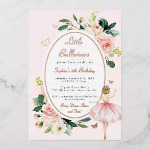 Invitación Con Relieve Metalizado Rosa Cumpleaños de Niñas Mariposa Floral Bailarina