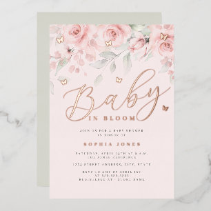 Invitación Con Relieve Metalizado Rosa De Bebé De Mariposa Floral De Oro En Bloom