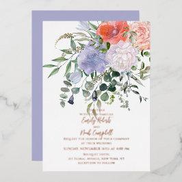 Invitación Con Relieve Metalizado Rosa de Boda floral de color azul y rosa de Rubor
