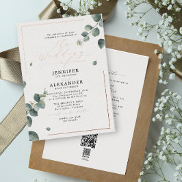 Invitación Con Relieve Metalizado Rosa de boda rústica de eucalipto y código QR de R