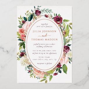 Invitación Con Relieve Metalizado Rosa de Borgoña Boda del follaje floral de oro