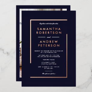 Invitación Con Relieve Metalizado Rosa de color oro geométrico fotocuadro boda marin