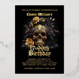 Invitación Con Relieve Metalizado Rosa de cráneo dorado para cumpleaños moderno de t