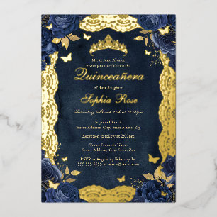 Invitación Con Relieve Metalizado Rosa de cumpleaños Mariposa de encaje dorado Quinc