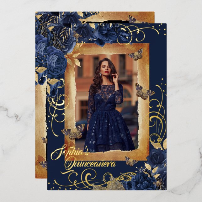 Invitación Con Relieve Metalizado Rosa de fotografía de Navy Quinceanera mariposa de (Anverso/Reverso)