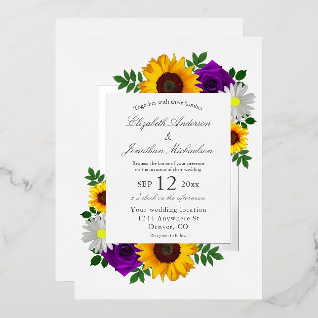 Invitación Con Relieve Metalizado Rosa de girasol Daisy Autumn Boda floral (Anverso/Reverso)
