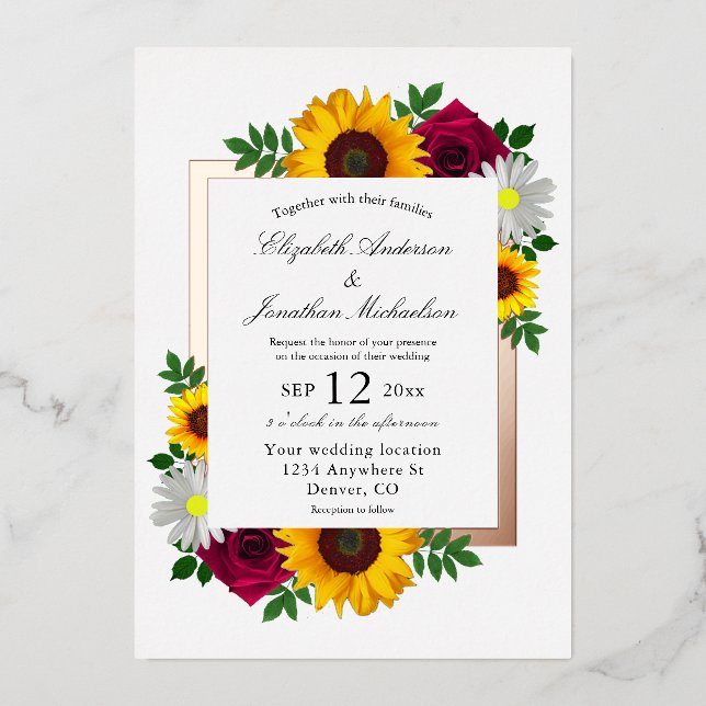 Invitación Con Relieve Metalizado Rosa de girasol Daisy Autumn Boda floral (Anverso)