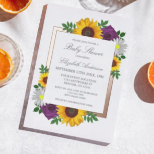 Invitación Con Relieve Metalizado Rosa de girasol Daisy Autumn Floral Baby Shower
