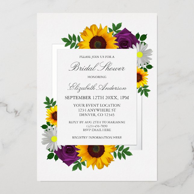 Invitación Con Relieve Metalizado Rosa de girasol Daisy Autumn Floral Bridal Shower (Anverso)