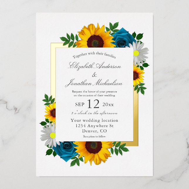 Invitación Con Relieve Metalizado Rosa de girasol Daisy Floral Boda (Anverso)