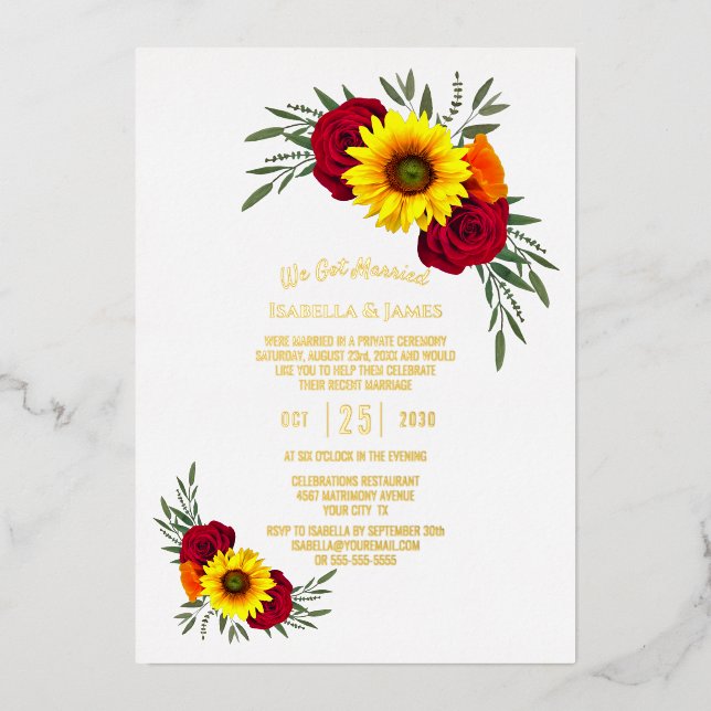 Invitación Con Relieve Metalizado Rosa de girasol oro Mensajes de texto Recepción de (Anverso)