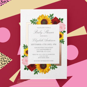 Invitación Con Relieve Metalizado Rosa de girasol Peonies Autumn Floral Baby Shower