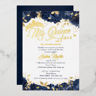 Invitación Con Relieve Metalizado Rosa de la Marina de Oro Mis Quince Quinceanera