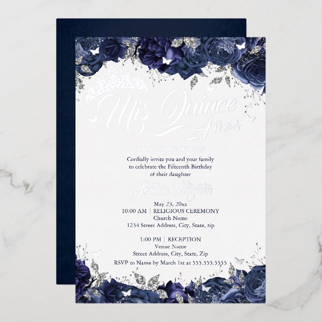 Invitación Con Relieve Metalizado Rosa de la Marina de Plata Mis Quince Quinceanera (Anverso/Reverso)