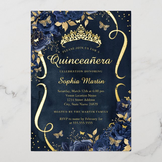Invitación Con Relieve Metalizado Rosa de la Marina Mariposa Floral Tiara Quinceaner (Anverso)