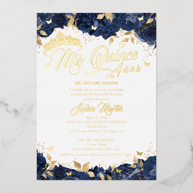 Invitación Con Relieve Metalizado Rosa de la Marina Mis Quince Gold Quinceanera (Anverso)