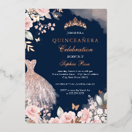 Invitación Con Relieve Metalizado Rosa de la Marina Oro Rubor Vestido Floral Quincea