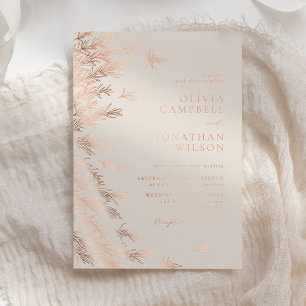 Invitación Con Relieve Metalizado Rosa de marfil moderno Boho de oro deja Boda