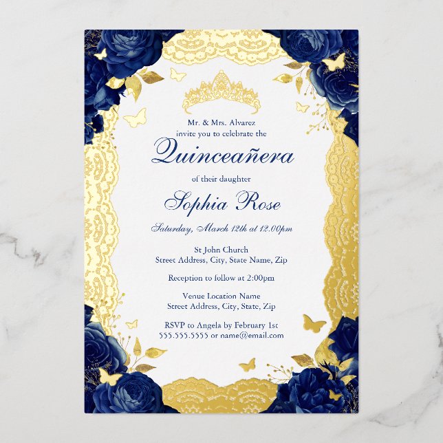 Invitación Con Relieve Metalizado Rosa de Marina Lace Quinceanera Cumpleaños (Anverso)