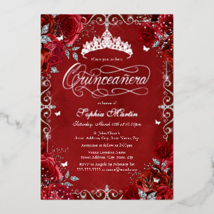 Invitación Con Relieve Metalizado Rosa de mariposa de Plata Roja Real Quinceanera