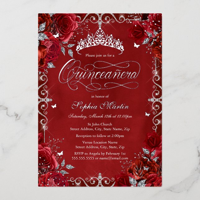 Invitación Con Relieve Metalizado Rosa de mariposa de Plata Roja Real Quinceanera (Anverso)