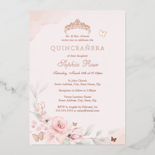 Invitación Con Relieve Metalizado Rosa de mariposa floral rosa Quinceanera 15 (Anverso)